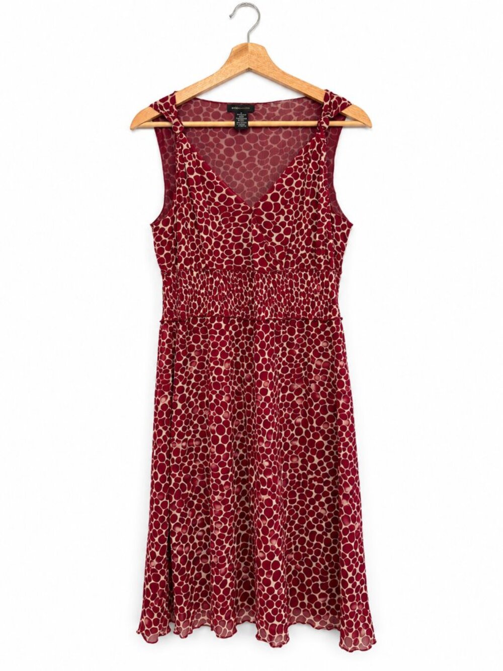 BCBGMAXAZRIA Burgundy Cream Dot Print Sleeveless Smocked Dress Size M